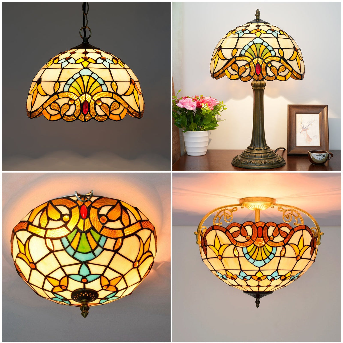 Cream Floral Tiffany Style Stained Glass Lampshade