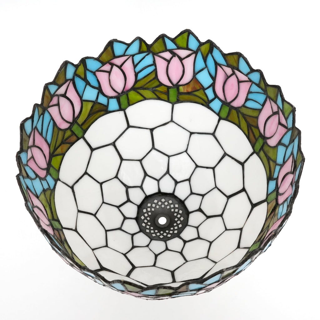 Tiffany-style stained glass lamp with pink tulips