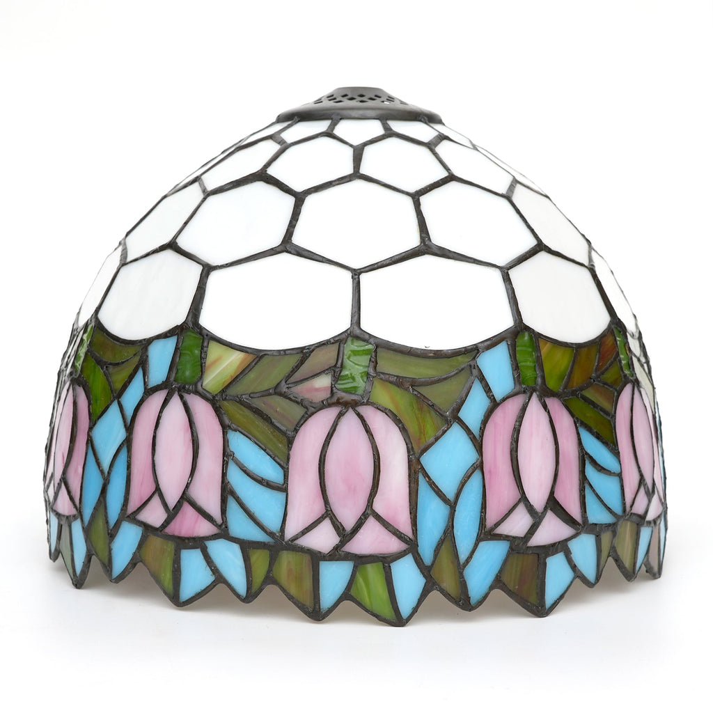 Tiffany-style stained glass lamp with pink tulips