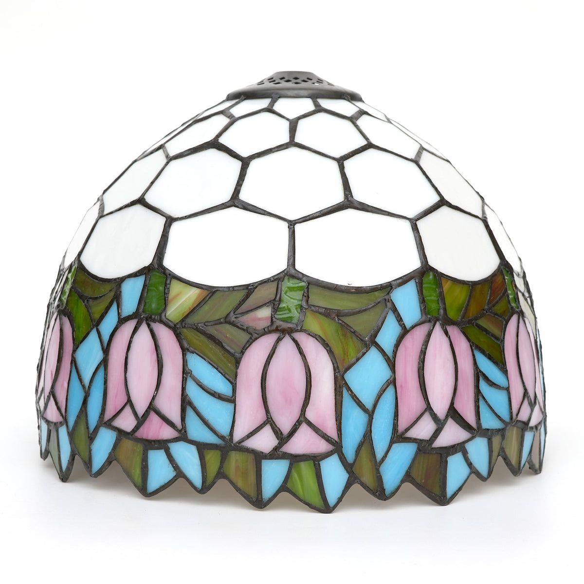 Tiffany-style stained glass lamp with pink tulips