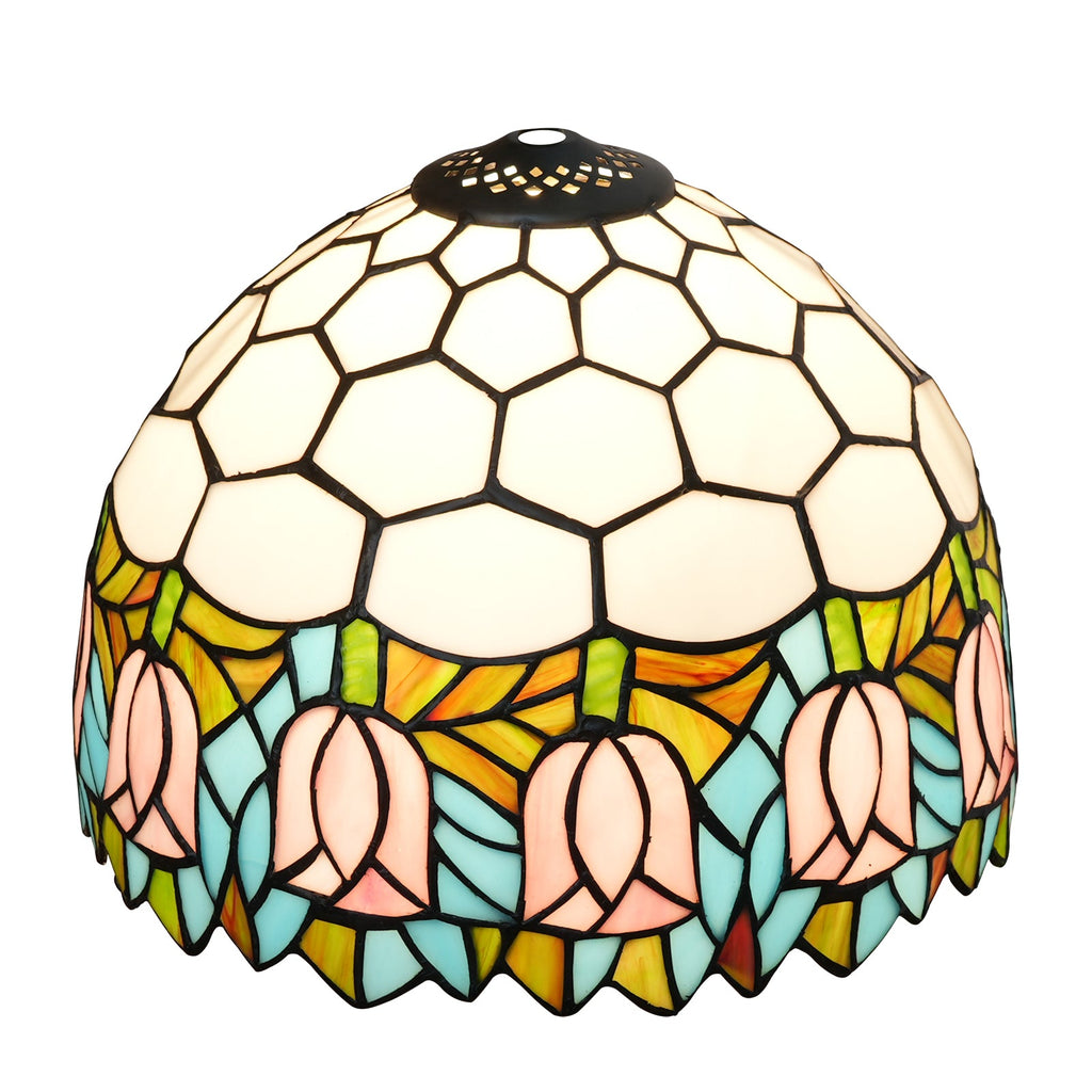 Tiffany-style stained glass lamp with pink tulips