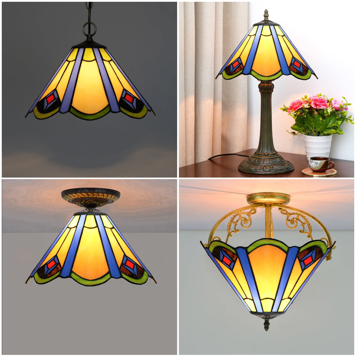 Tiffany Style Lampshade in Amber Blue Tinted Glass