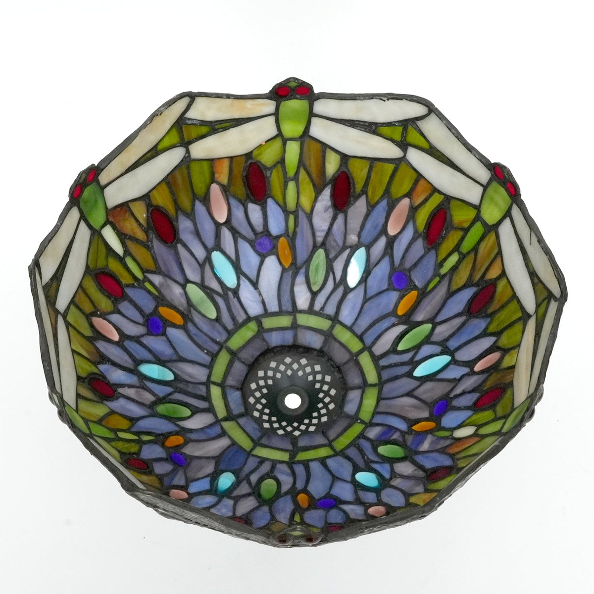 Tiffany Lamp in Stained Glass with Multicolored Dragonflies