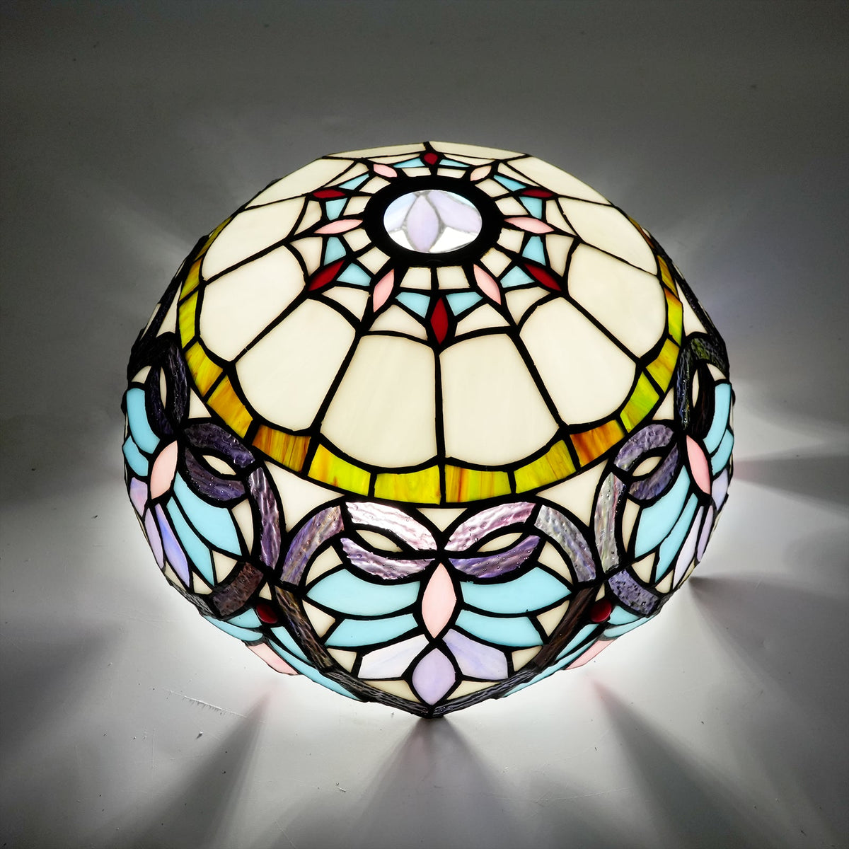 Tiffany stained glass lampshade with blue butterfly motifs