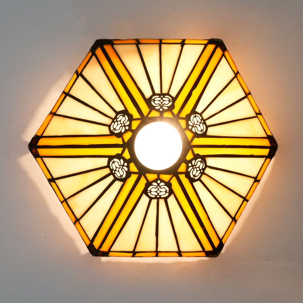 Octagonal Tiffany Stained Glass Lampshade in Amber and Cream