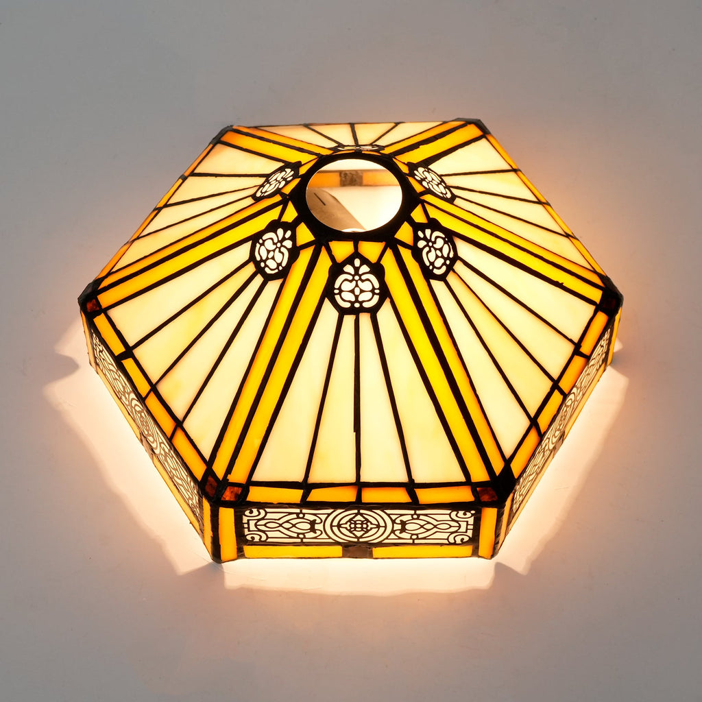 Octagonal Tiffany Stained Glass Lampshade in Amber and Cream