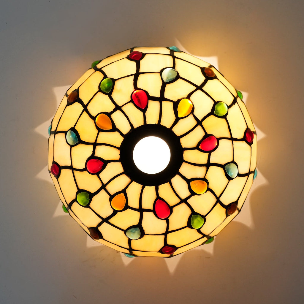 Tiffany-style glass lampshade with multicolored droplets