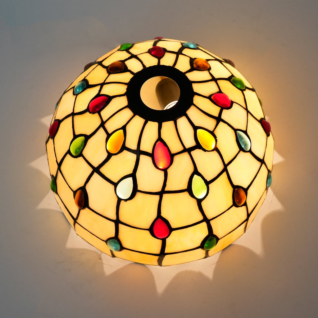 Tiffany-style glass lampshade with multicolored droplets