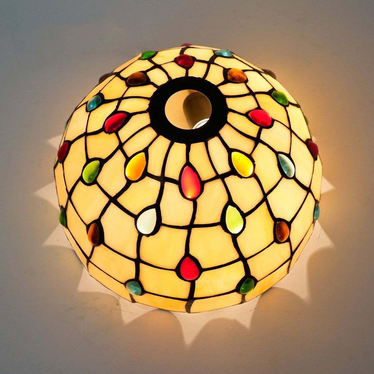 Tiffany-style glass lampshade with multicolored droplets