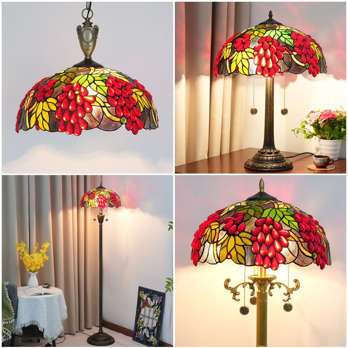 Tiffany stained glass lampshade with red grapes and leaves