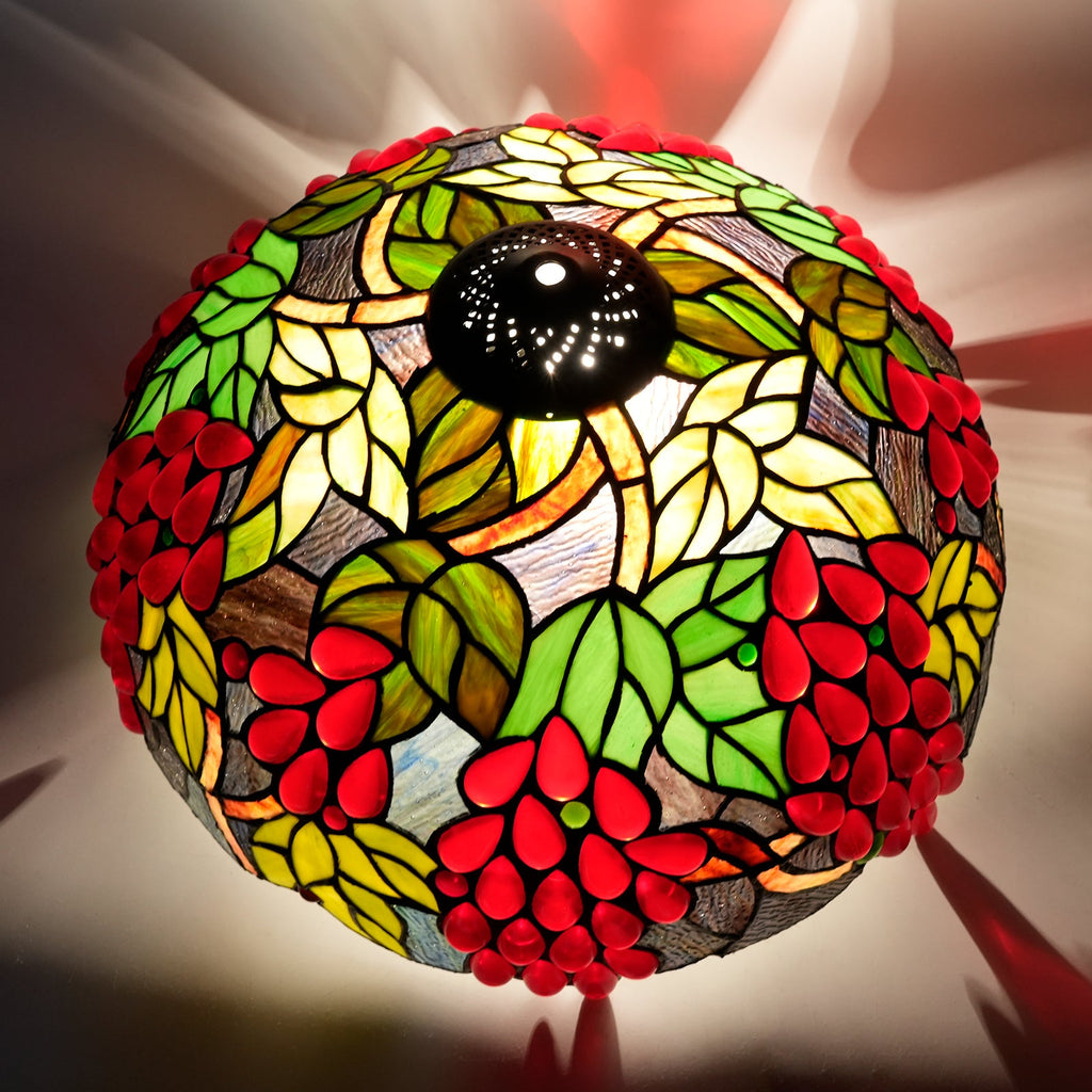 Tiffany stained glass lampshade with red grapes and leaves