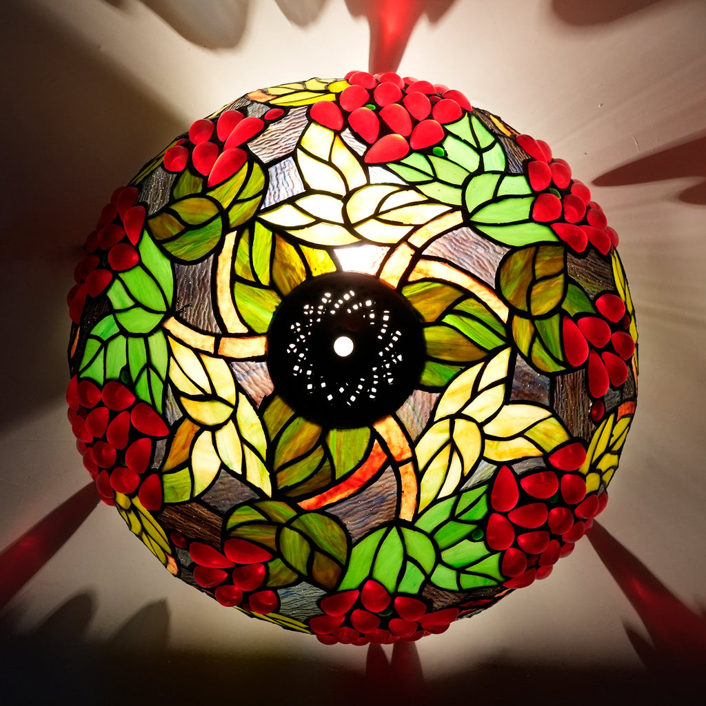 Tiffany stained glass lampshade with red grapes and leaves