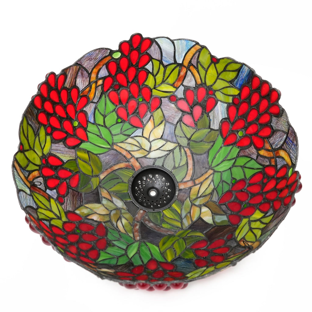 Tiffany stained glass lampshade with red grapes and leaves