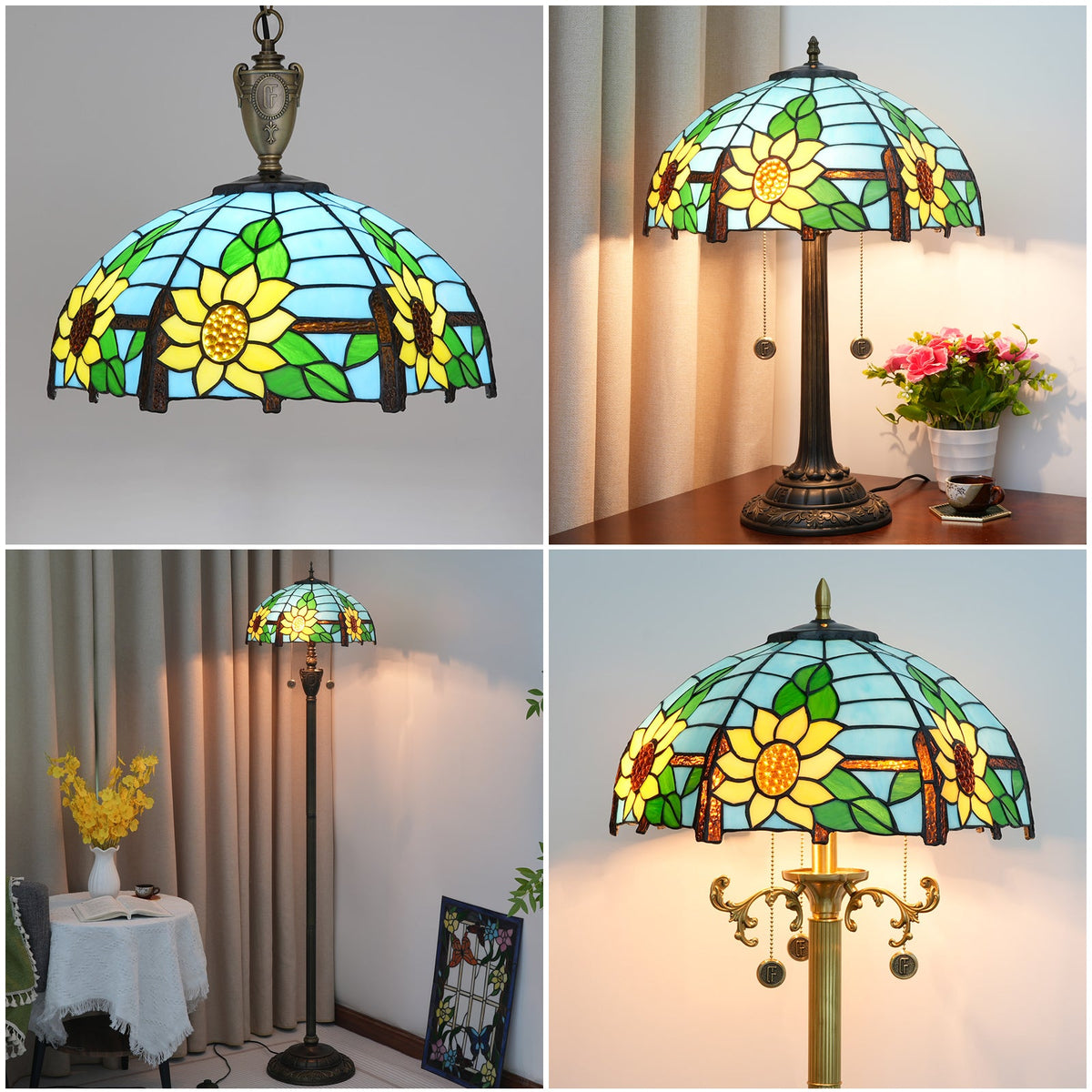 Tiffany stained glass lampshade with sunflowers