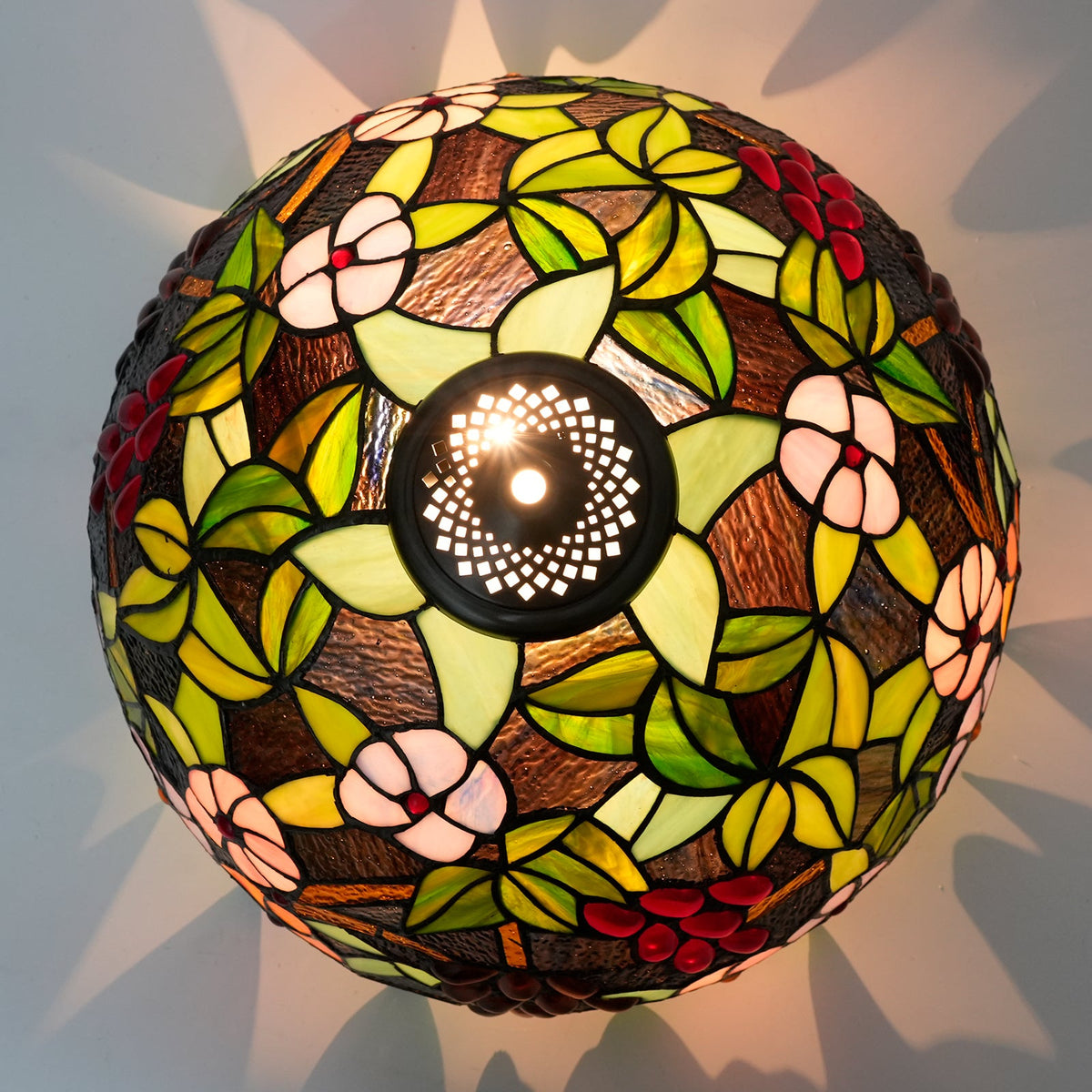 Tiffany-style stained glass lampshade with multicolored floral design