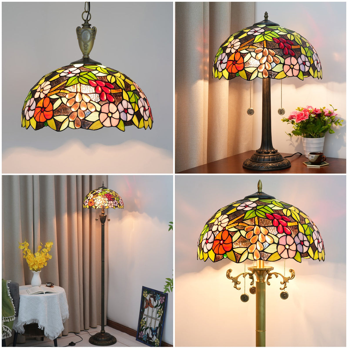 Tiffany-style stained glass lampshade with multicolored floral design