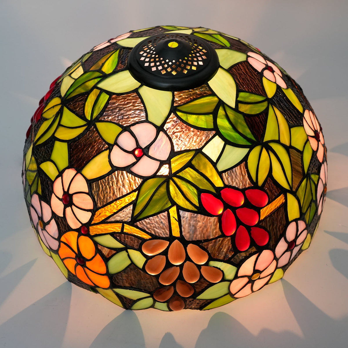 Tiffany-style stained glass lampshade with multicolored floral design