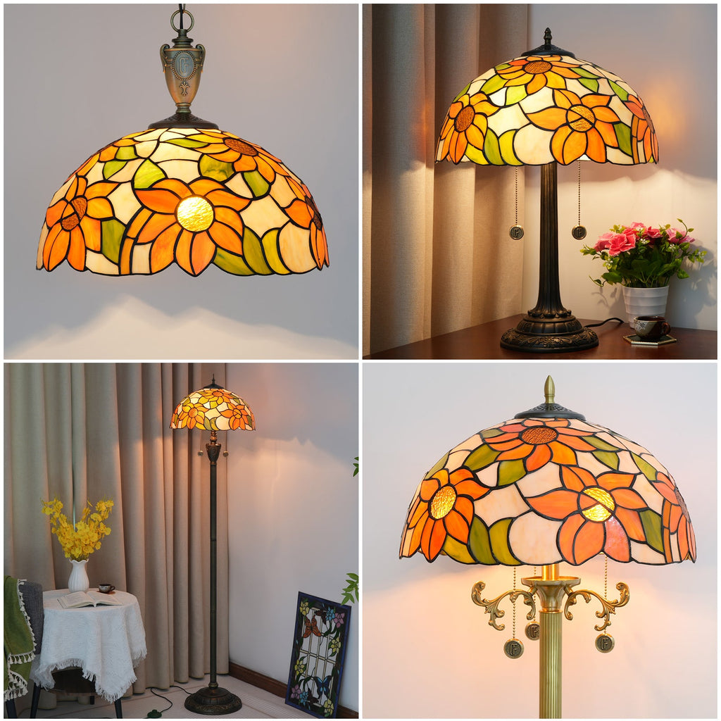 Tiffany-style stained glass lampshade with sunflowers