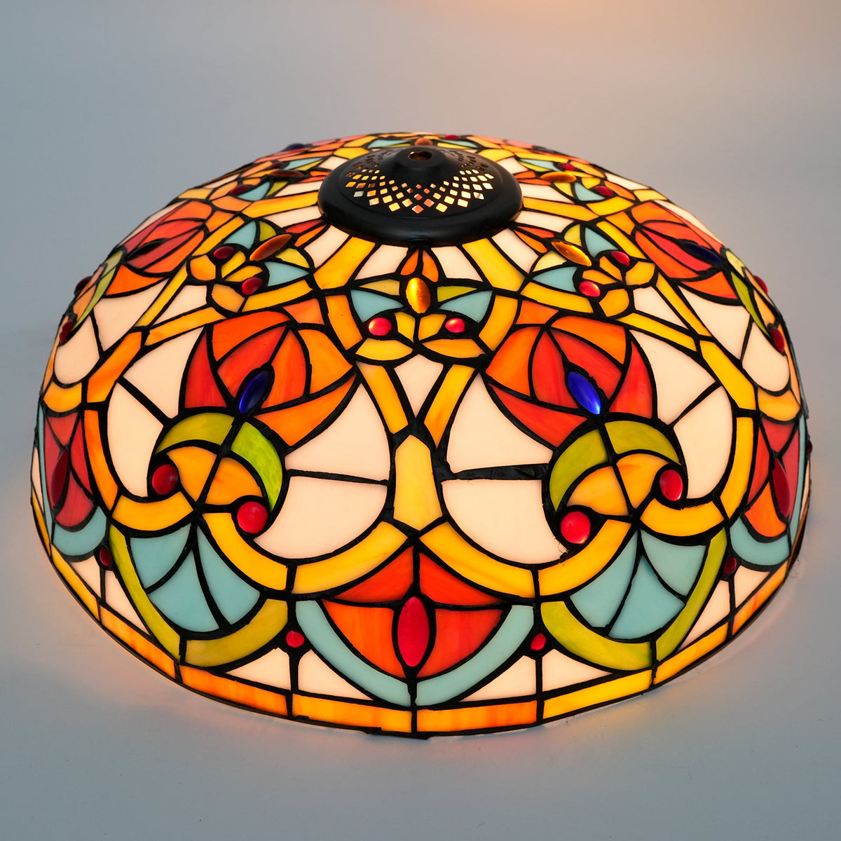 Tiffany-style stained glass lampshade with cabochons