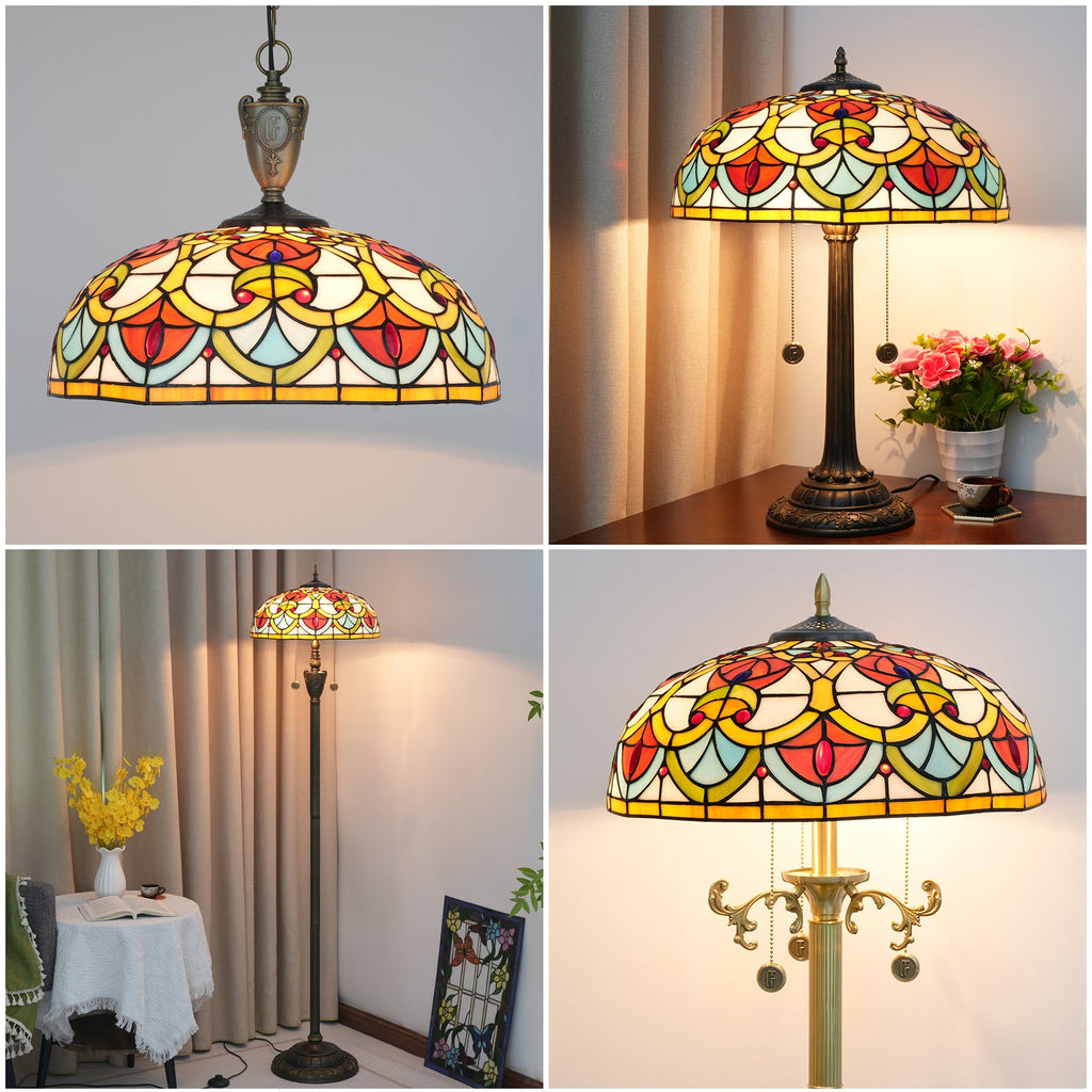 Tiffany-style stained glass lampshade with cabochons