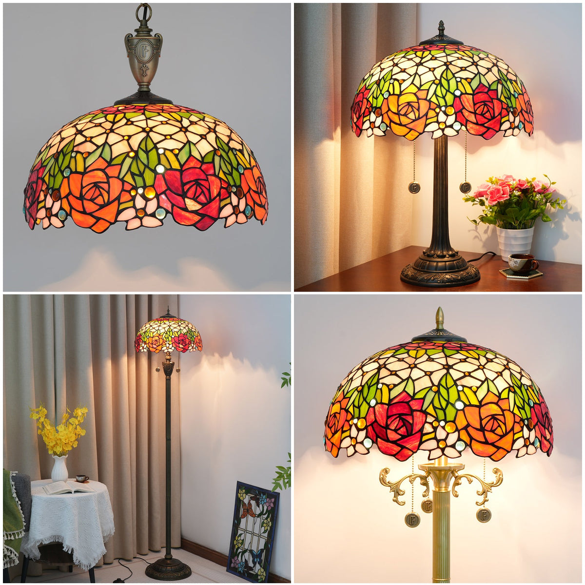 Tiffany Style Roses Tinted Glass Lampshade