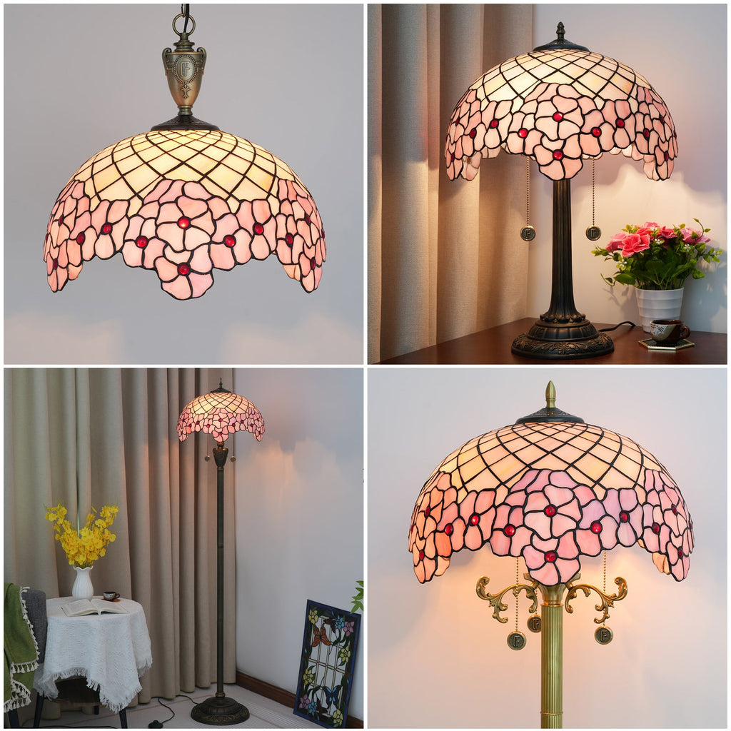 Pink Floral Tiffany Lampshade with Red Cabochons