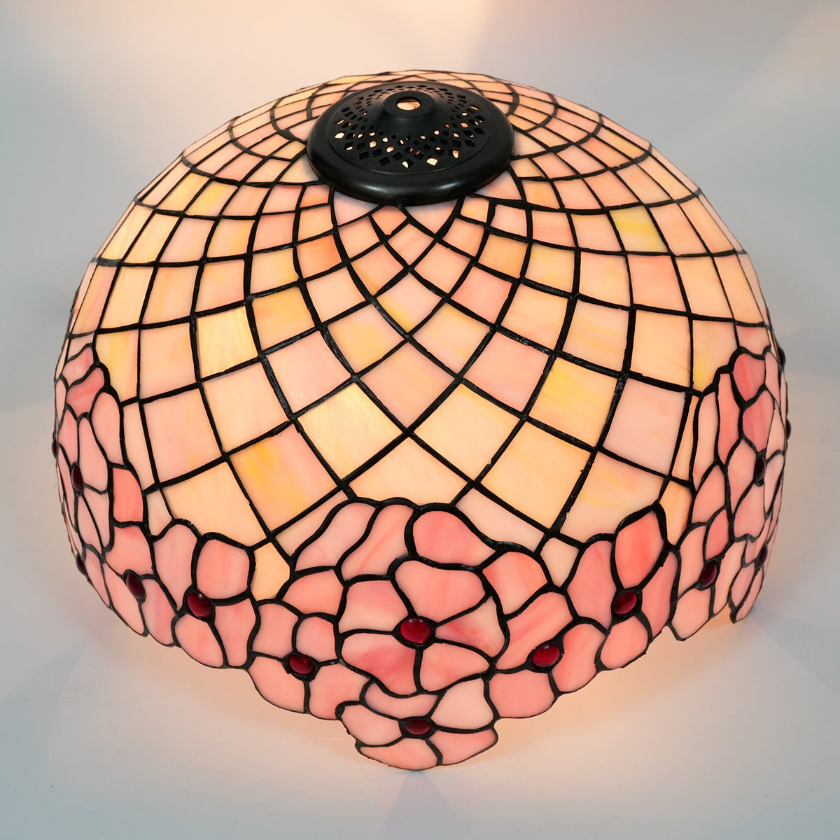 Pink Floral Tiffany Lampshade with Red Cabochons