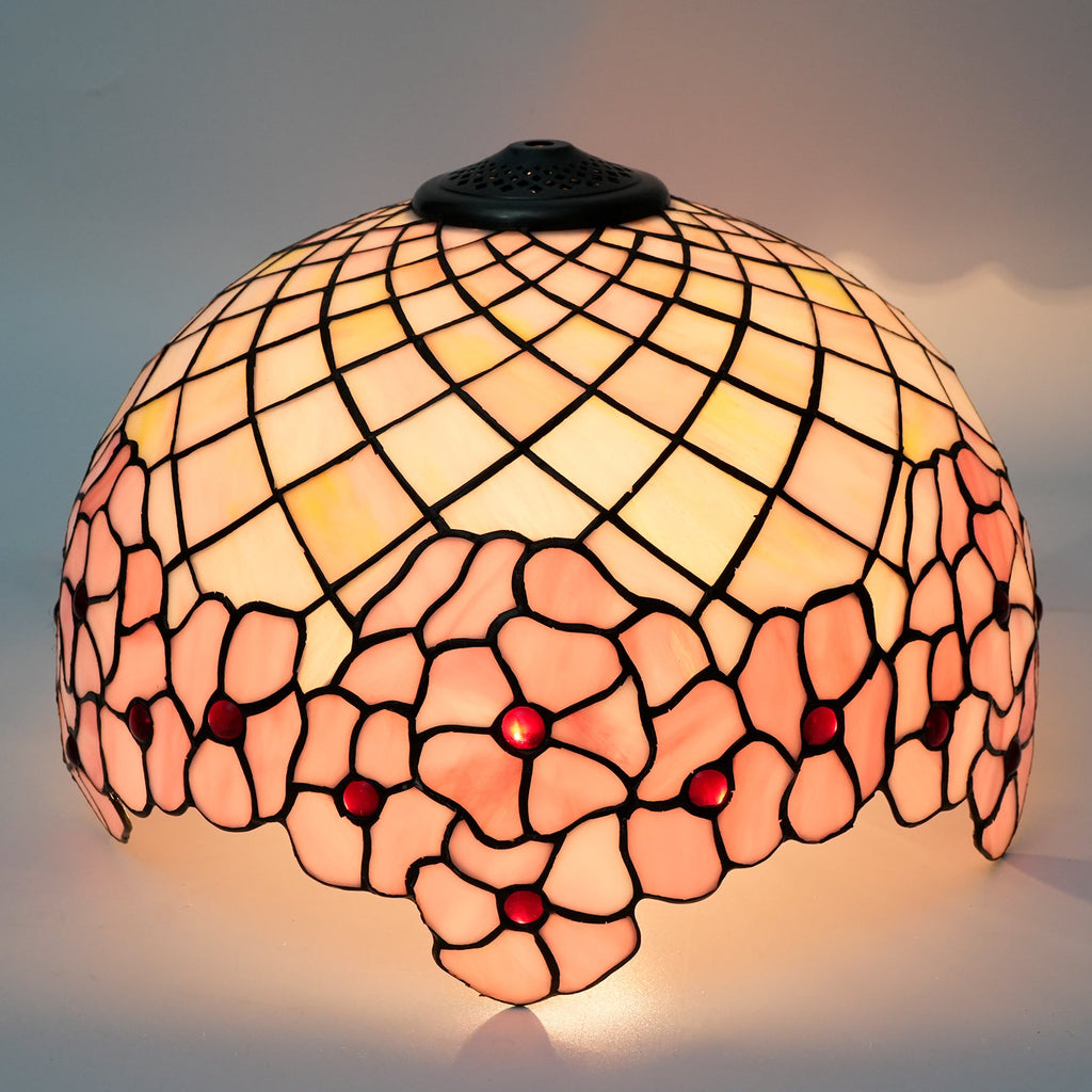 Pink Floral Tiffany Lampshade with Red Cabochons
