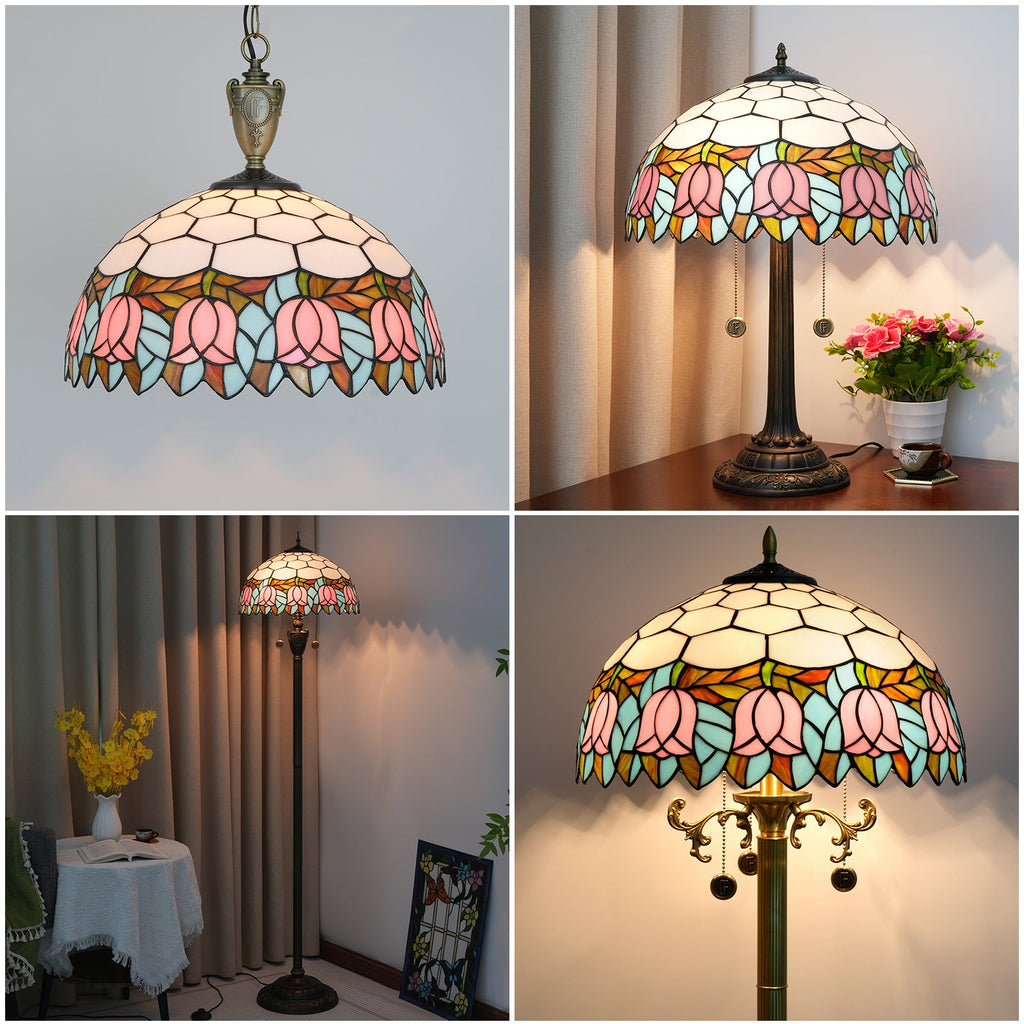 Pink Floral Stained Glass Dome Lampshade, Tiffany Style