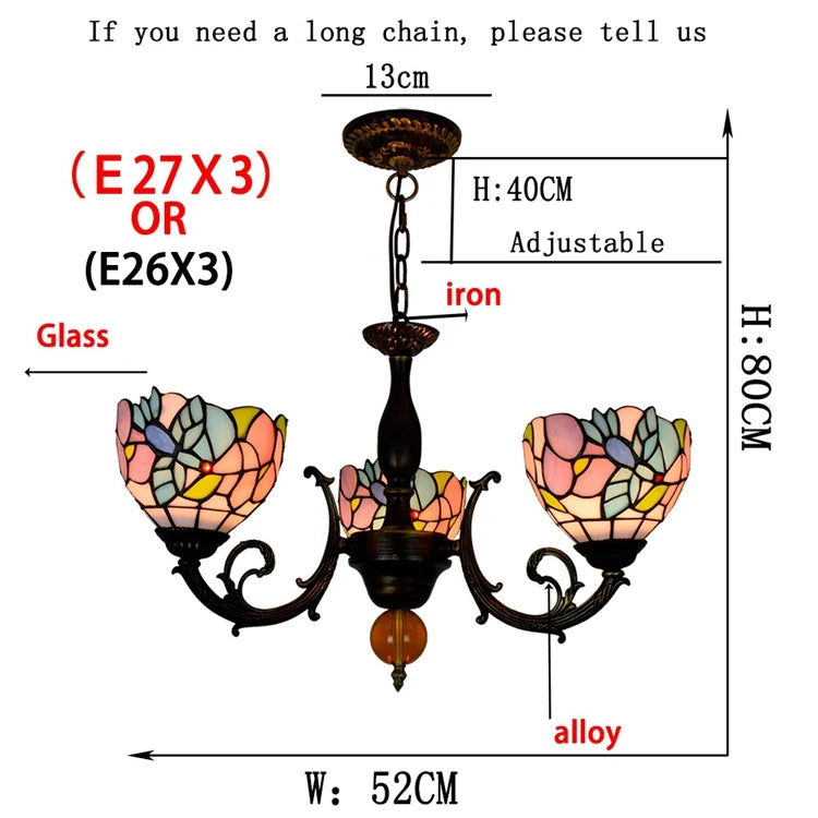 Floral Tiffany Style Bronze Stained Glass Chandelier