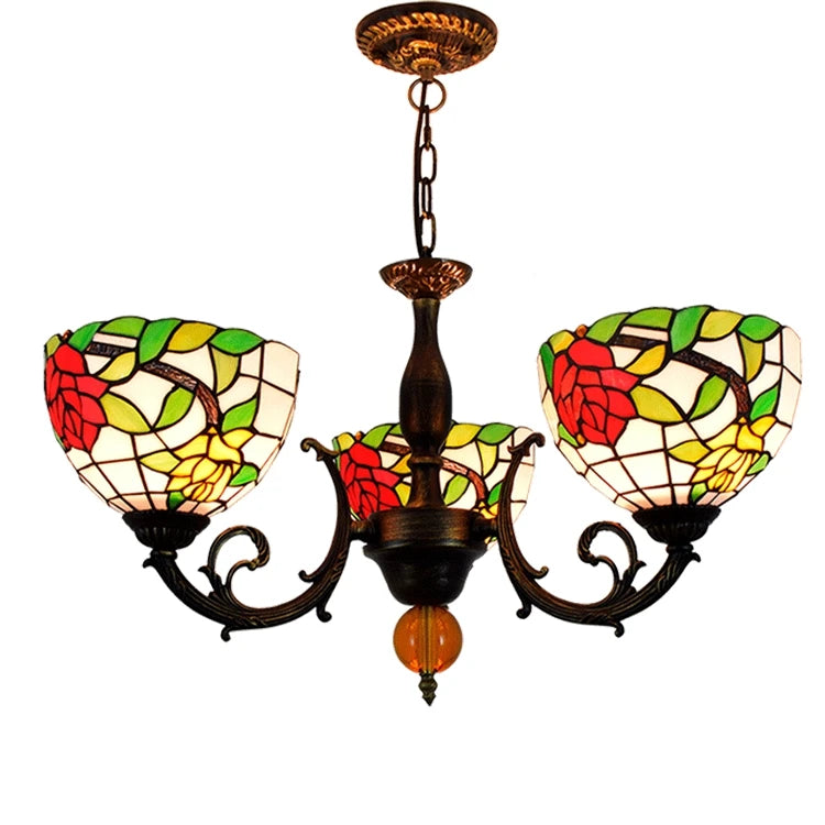 Tiffany Chandelier in Stained Glass with Red Roses