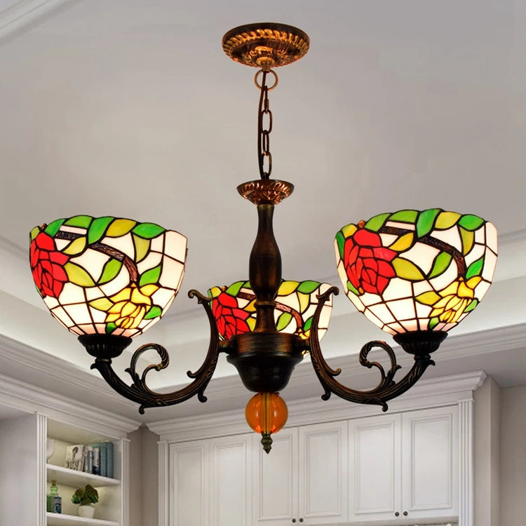 Tiffany Chandelier in Stained Glass with Red Roses