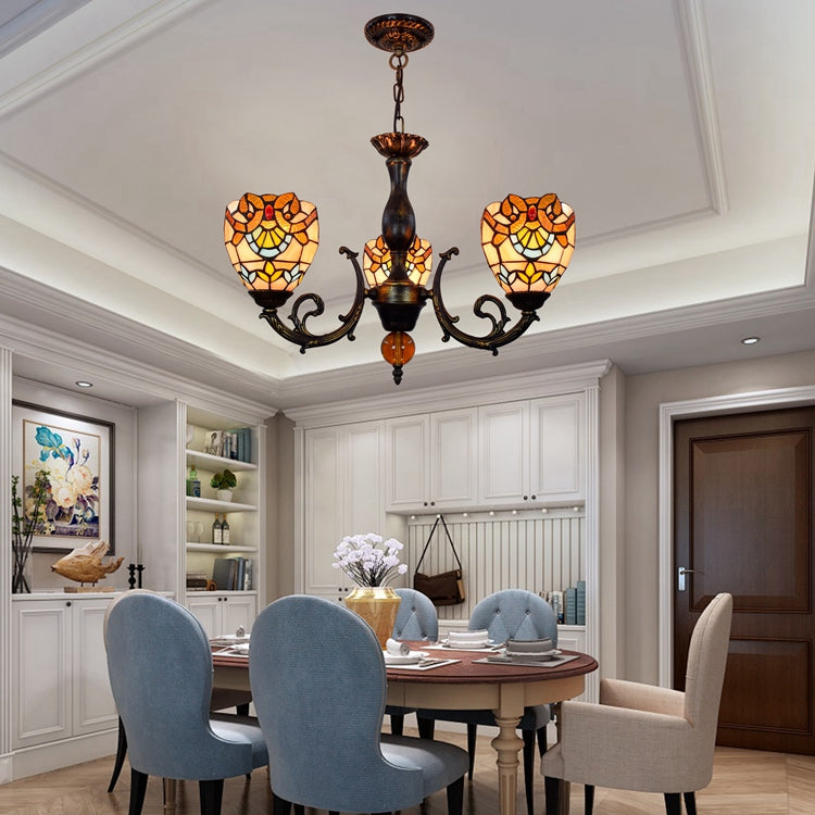 Antique Bronze Tiffany Style Stained Glass Chandelier