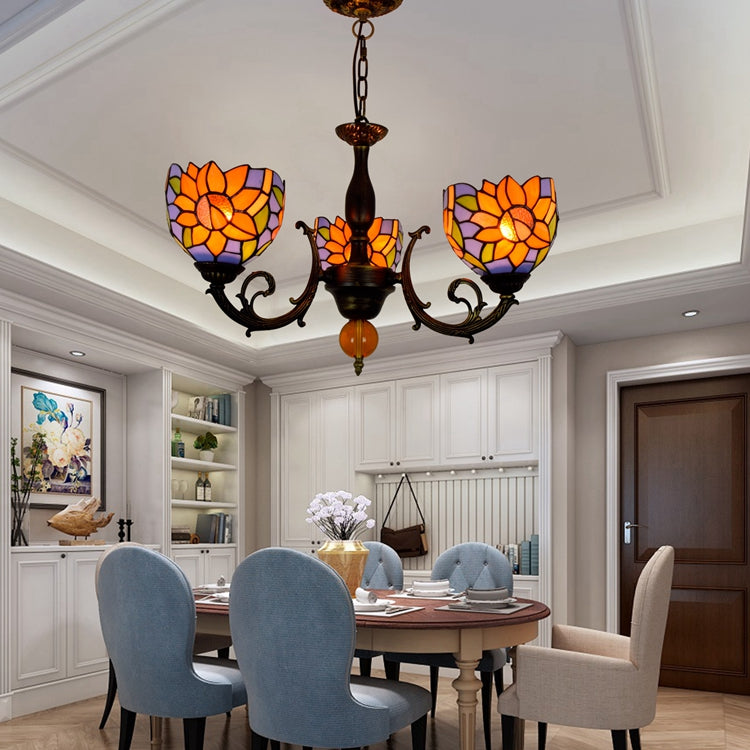 Three-Light Orange and Purple Floral Stained Glass Chandelier