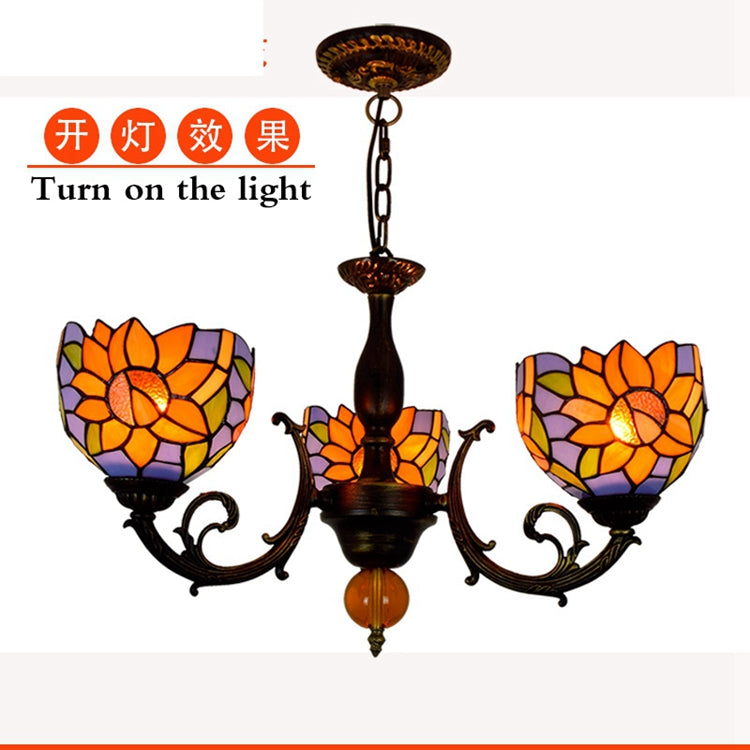 Three-Light Orange and Purple Floral Stained Glass Chandelier