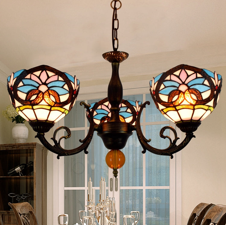 Antique Bronze Tiffany Stained Glass Chandelier, 3 Lights