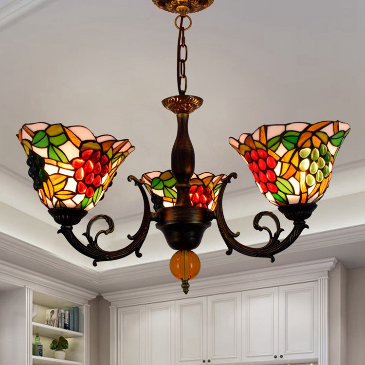 Tiffany Stained Glass Chandelier with Grape Motif and Antique Bronze