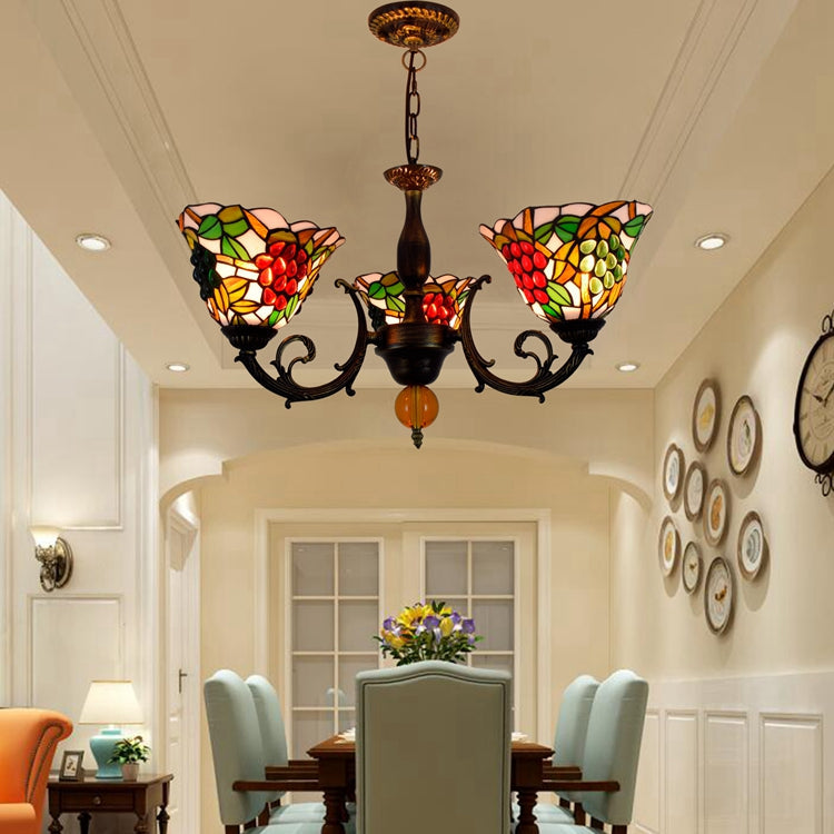 Tiffany Stained Glass Chandelier with Grape Motif and Antique Bronze
