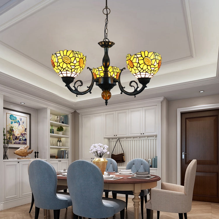 Vintage Tiffany Glass Chandelier with Sunflower Motif