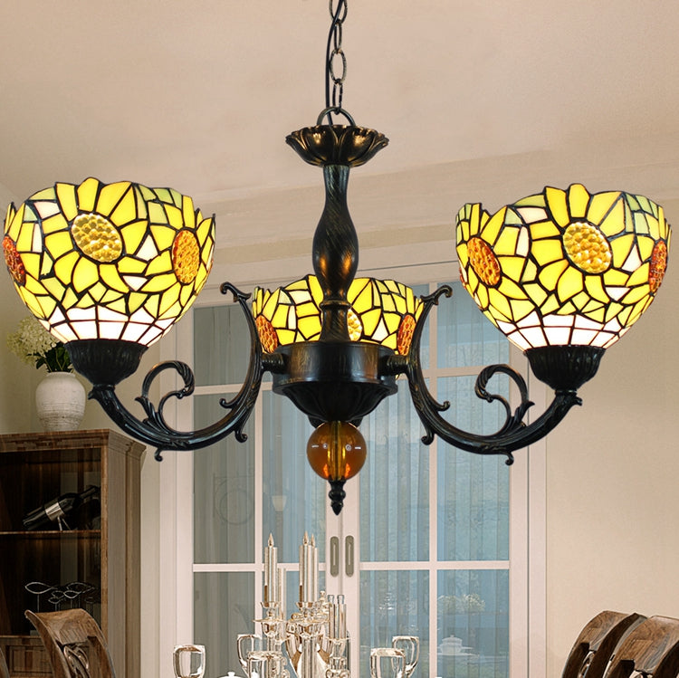 Vintage Tiffany Glass Chandelier with Sunflower Motif