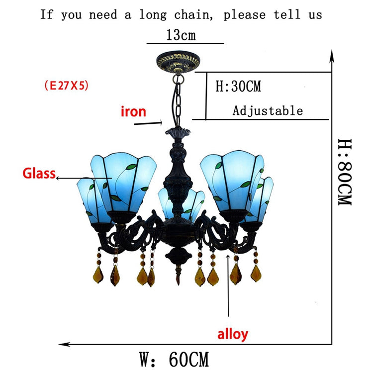 Tiffany Blue Five-Arm Chandelier with Amber Pendants