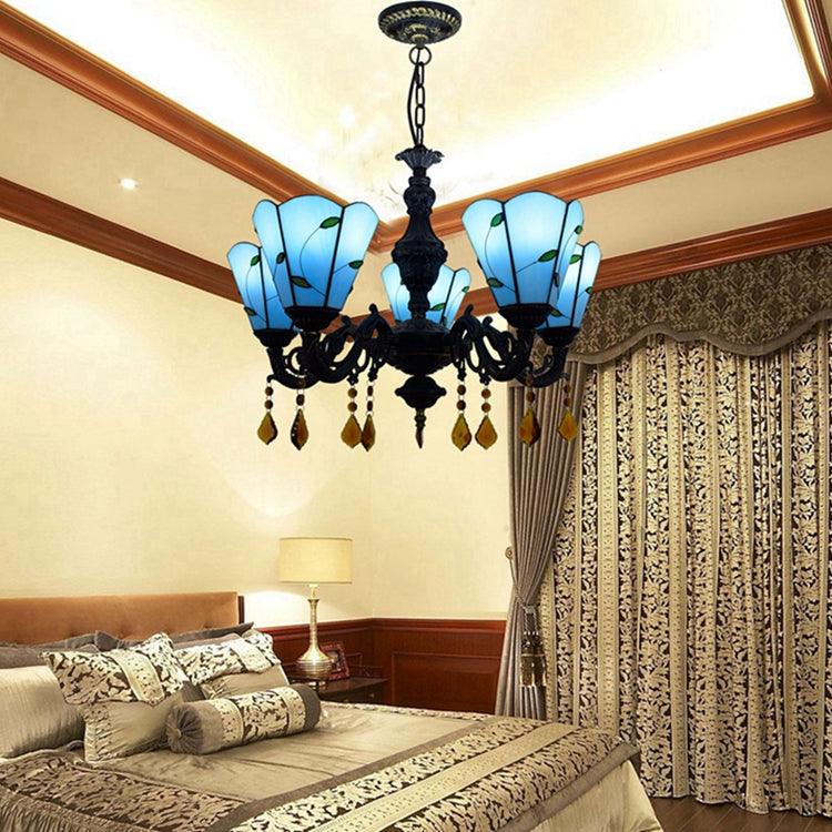 Tiffany Blue Five-Arm Chandelier with Amber Pendants