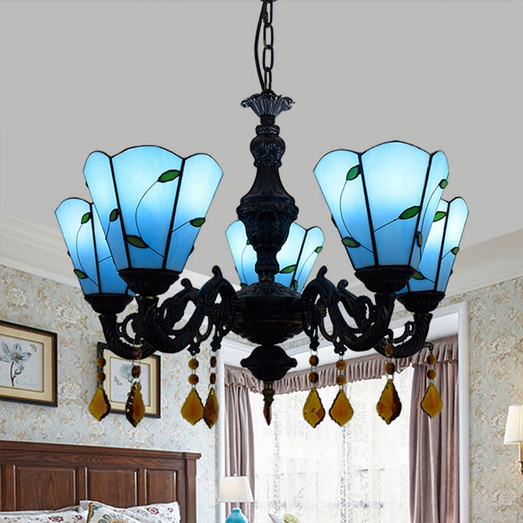 Tiffany Blue Five-Arm Chandelier with Amber Pendants