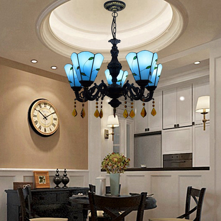 Tiffany Blue Five-Arm Chandelier with Amber Pendants