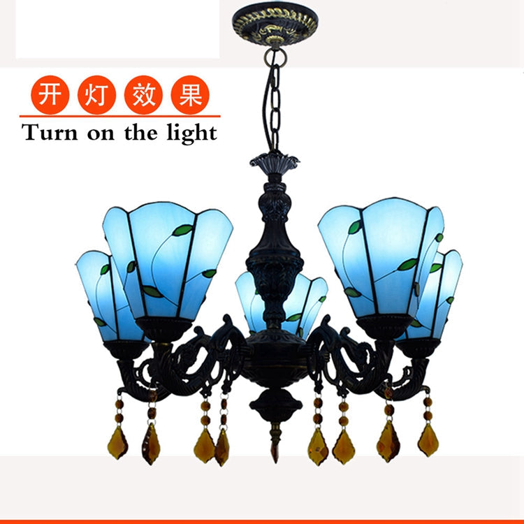 Tiffany Blue Five-Arm Chandelier with Amber Pendants