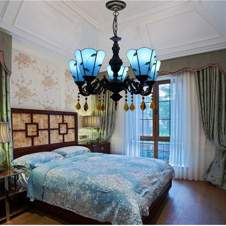 Tiffany Blue Five-Arm Chandelier with Amber Pendants