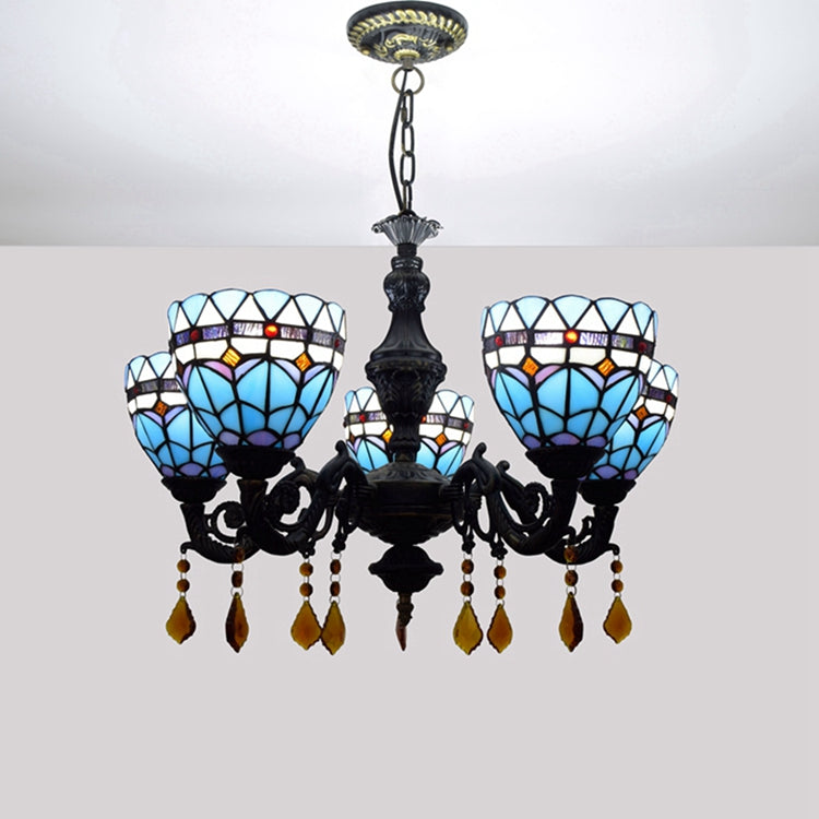 Tiffany Chandelier in Blue Stained Glass and Sculpted Metal