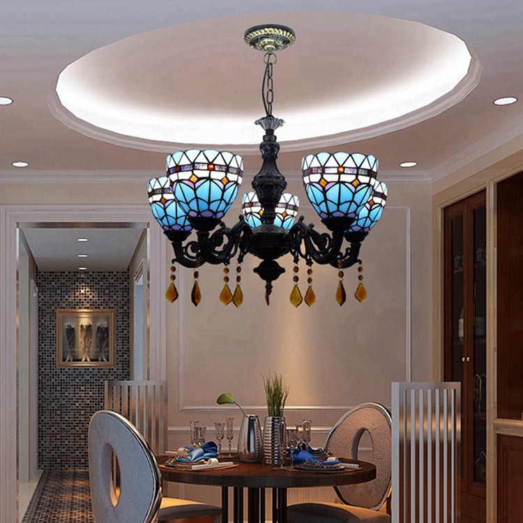 Tiffany Chandelier in Blue Stained Glass and Sculpted Metal