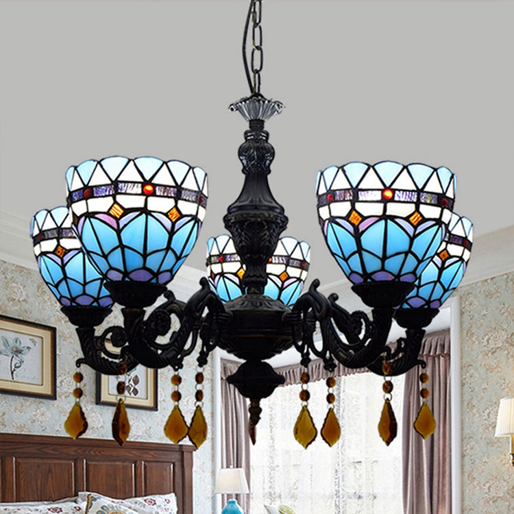 Tiffany Chandelier in Blue Stained Glass and Sculpted Metal