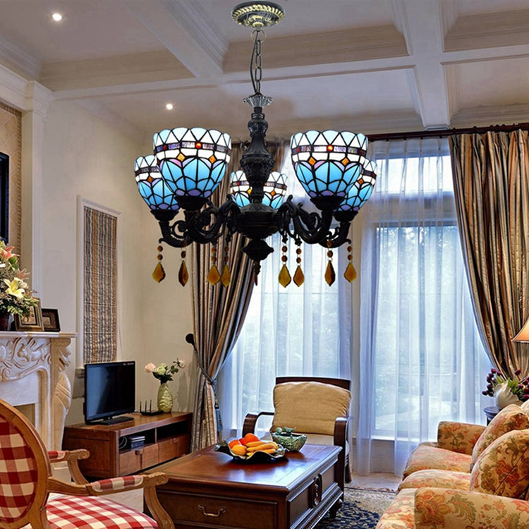 Tiffany Chandelier in Blue Stained Glass and Sculpted Metal